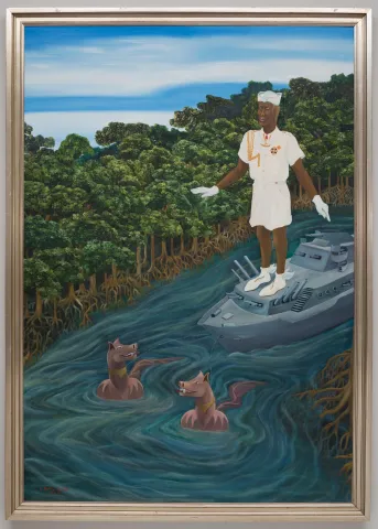 Person in white outfit skating on water towards two cats with a forest in the background. 