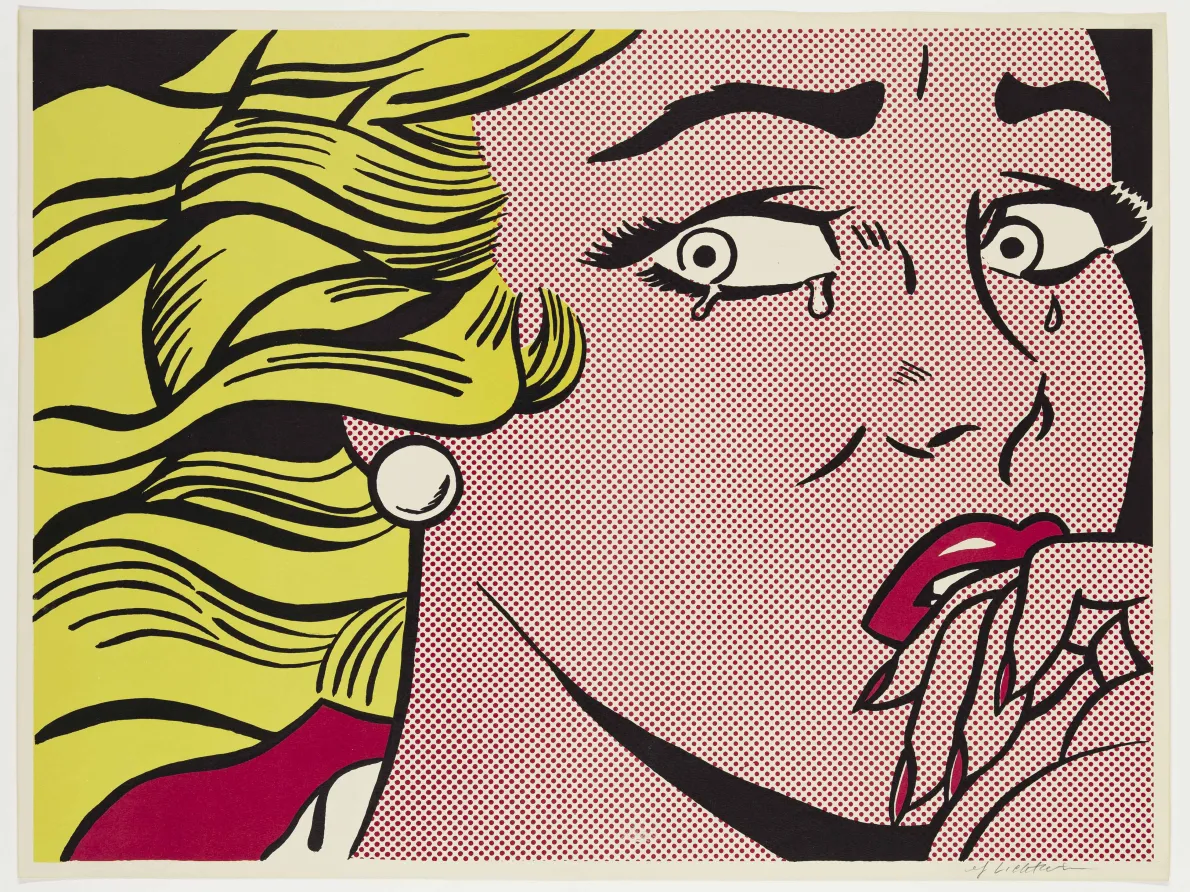 "Crying Girl," 1963, Roy Lichtenstein, American; offset lithograph printed in color on off-white wove paper. Detroit Institute of Arts. 