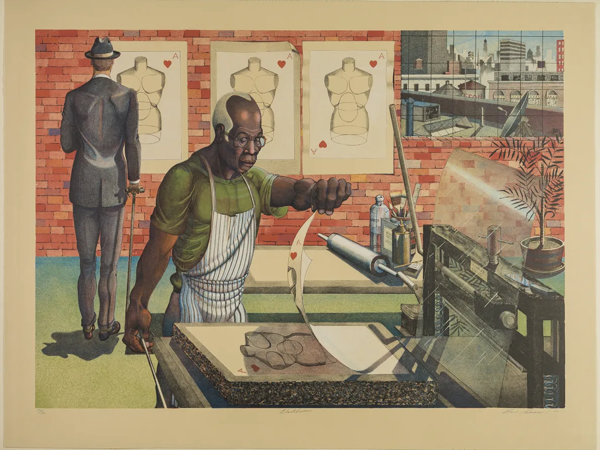 Ron Adams (American, born 1934). Blackburn, 2002. Color lithograph on tan paper; 25 × 35 in. Detroit Institute of Arts, 2011.89.