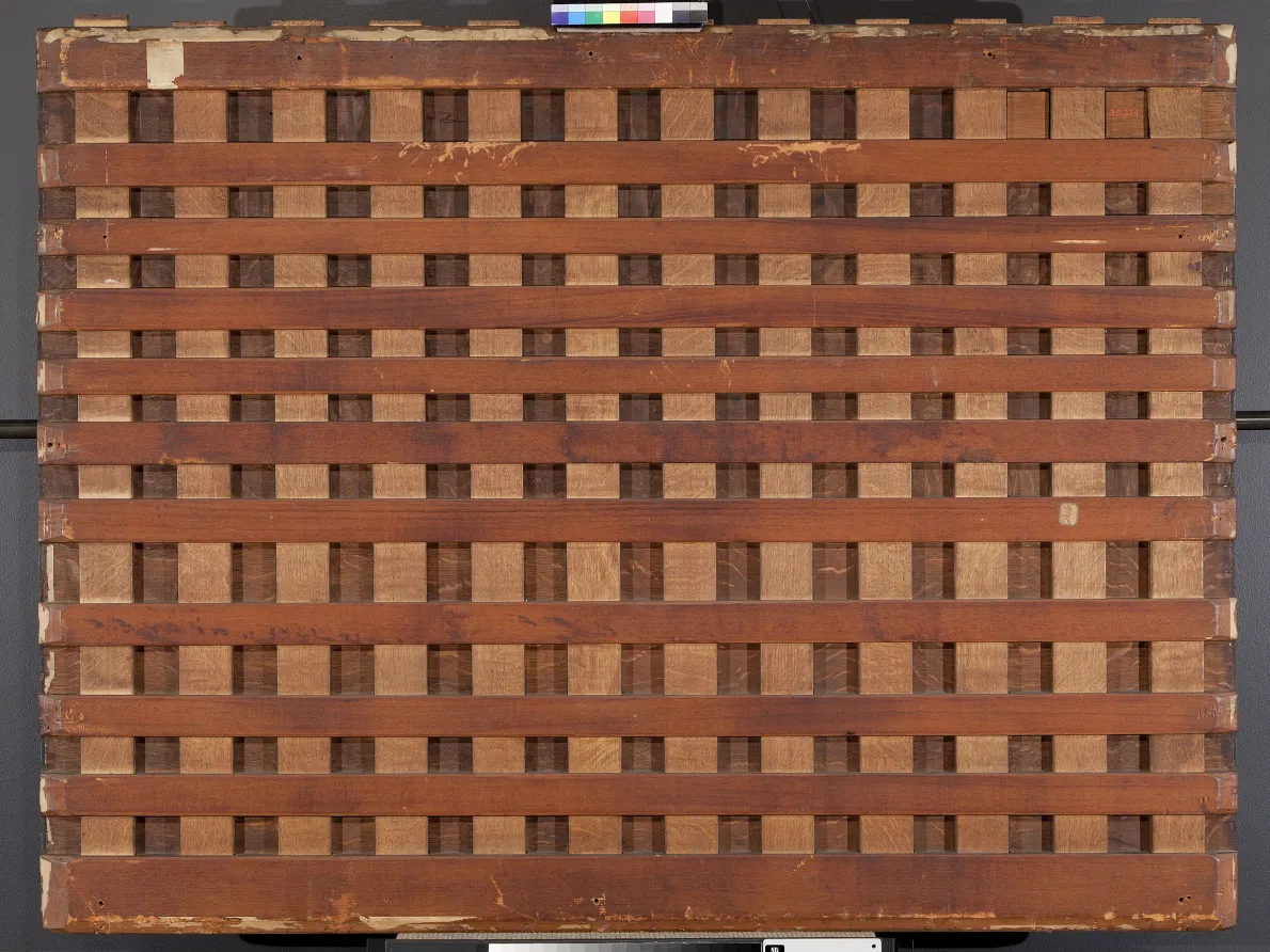 Back of the  Wedding Dance showing a cradle attached to the back of the wooden panel. 