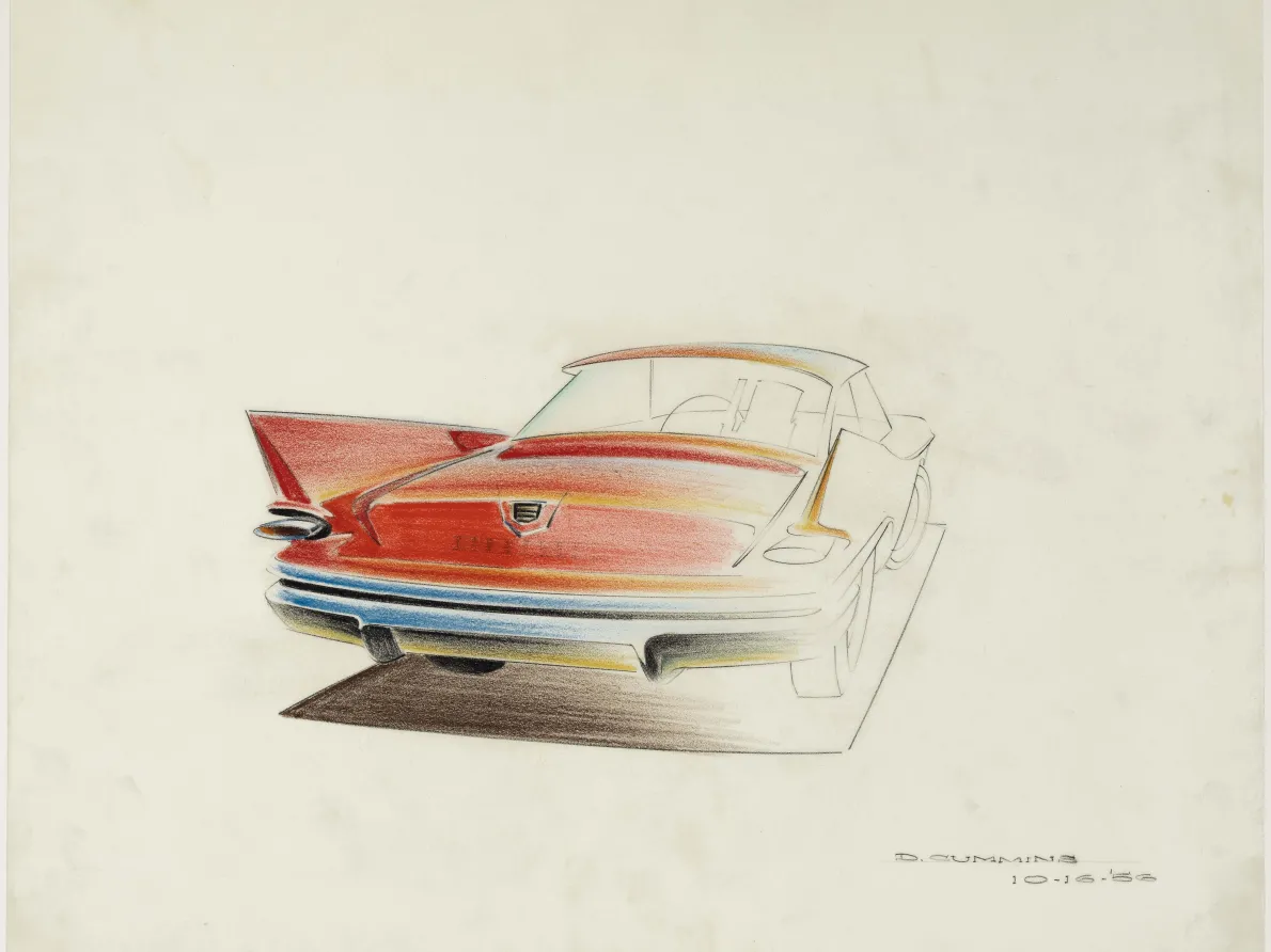 "1960 Chrysler," 1956, Dave Cummins, American; prismacolor on vellum. Collection of Brett Snyder.