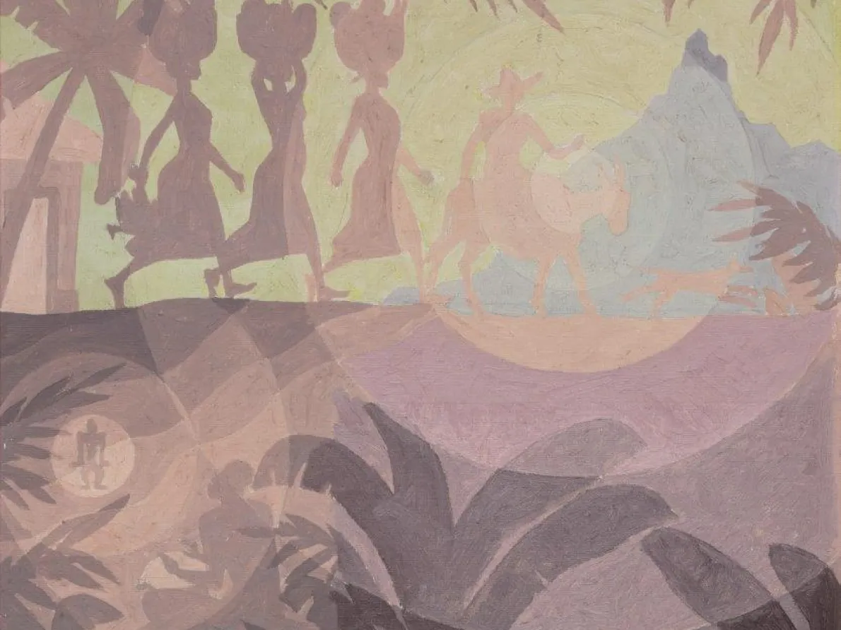 "Study for Haitian Mural, Wilmington, Delaware," 1942, Aaron Douglas, American; oil on board. Lent by Wilson A. and Deborah Fl. Copeland and Lauren F. C. N'Namdi.