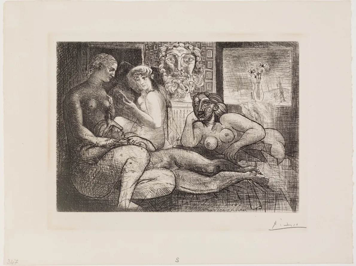 Quatre femmes nues et tête sculptée (Four Nude Women and Sculpture Head), from Vollard Suite, no date, Pablo Picasso, Spanish, etching and engraving. Margaret Demant Bequest, Detroit Institute of Arts