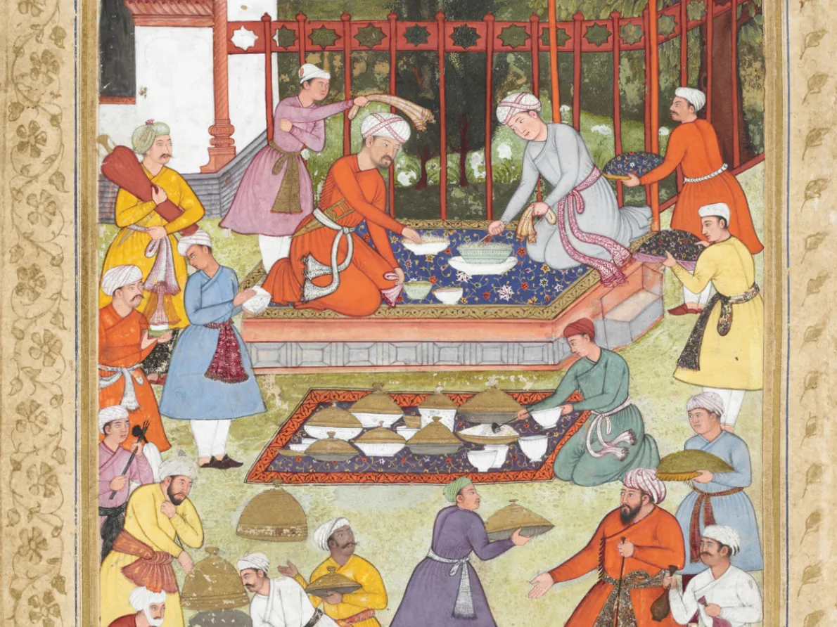 India. Babur Entertained to a Meal at the South College (1506), Folio in a Manuscript of the Baburnama (Memoirs of Babur), ca. 1590–93. Opaque watercolor, ink, and gold on paper. The British Library, London, Or 3714, fol. 257r. 