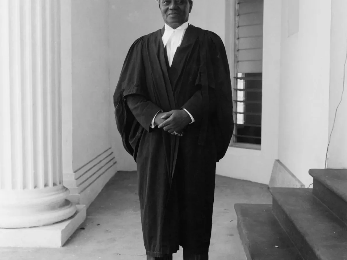 James Barnor (Ghana, b. 1929). Dr. J. B. Danquah, leader of the National Liberation Movement, Accra, 1957 (printed 2010–20). Gelatin silver print. Galerie Clémentine de la Féronnière, Paris. © James Barnor, courtesy Galerie Clémentine de la Féronnière, Paris.